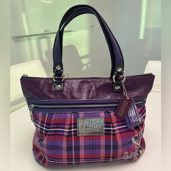 Coach Y2K Poppy Collection Tartan Canvas Purple Plaid Graffiti Tote/Shoulder Bag - Picture 2 of 16